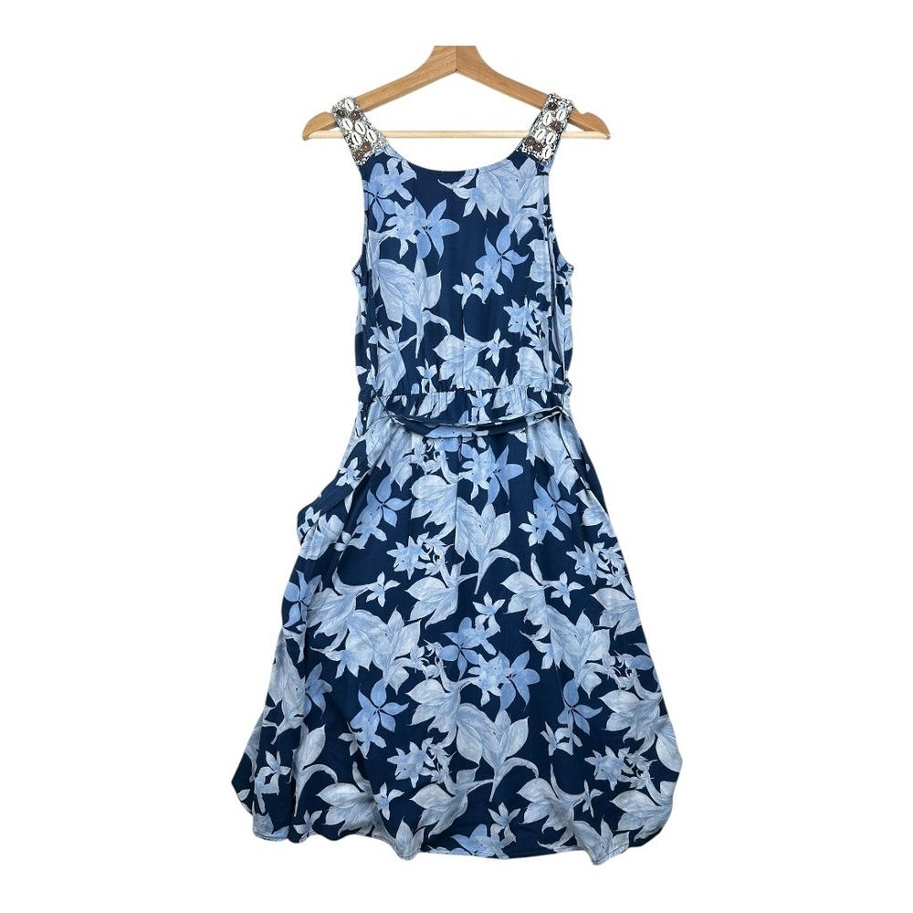 Cloth & Portrait Floral Print Shell Accent Sleeveless Midi Dress size Small Blue